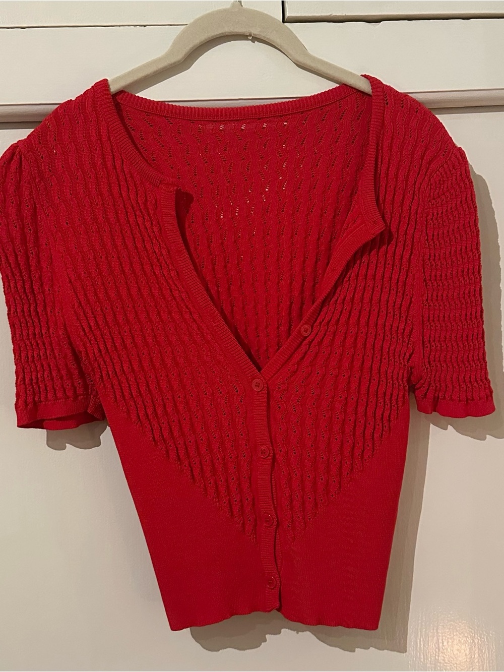 Red Textured Knit Button-Up Cardigan